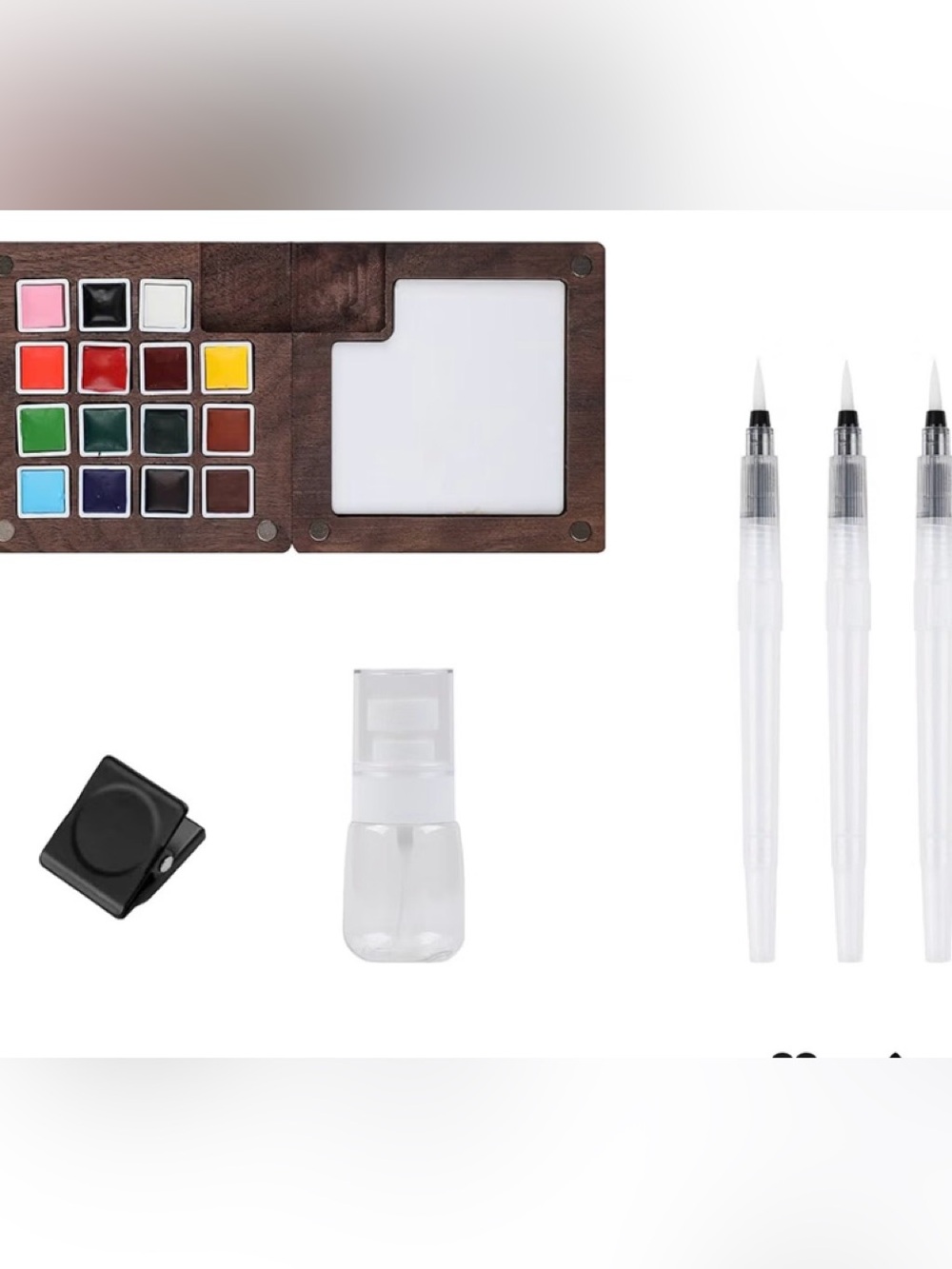 Watercolor Travel Paint Set - Brown Wood Palette with White Brush Pen